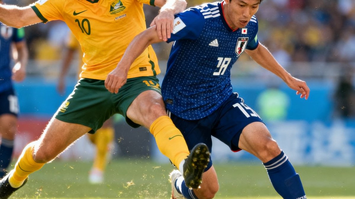 日本队与澳大利亚队在亚洲区预选赛中激烈拼抢，蓝衣日本球员带球突破，澳大利亚后卫飞身拦截的精彩瞬间
